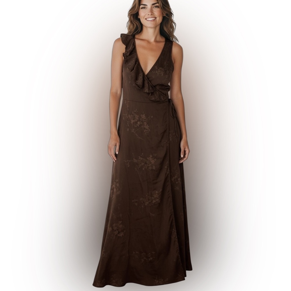 Ghost London dress bohemian wrap dress with ruffle & embroidery design - Brown S